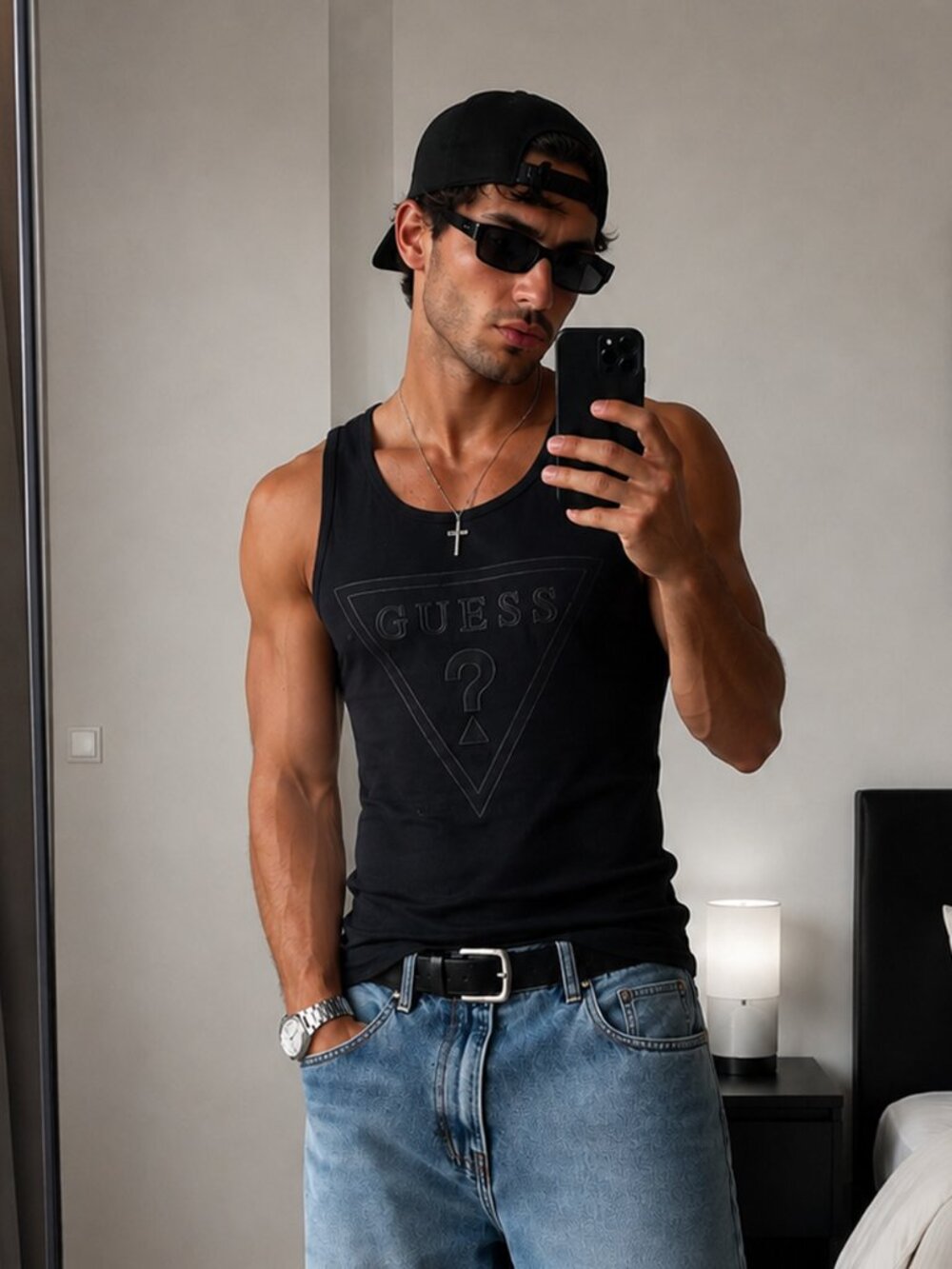 GUESS Black Logo Tank Top | Minimalist Stretch Tank | Men's MEDIUM